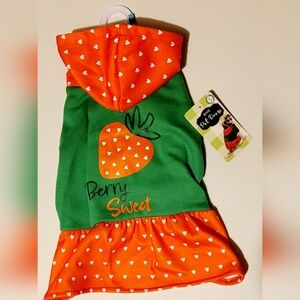 Pet Dress with Hoodie In Strawberry Design-  Berry Sweet, Red-Orange And Green